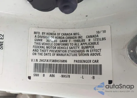 2011 Honda Civic Lx from USA, damaged, VIN 2HGFA1F58BH516896